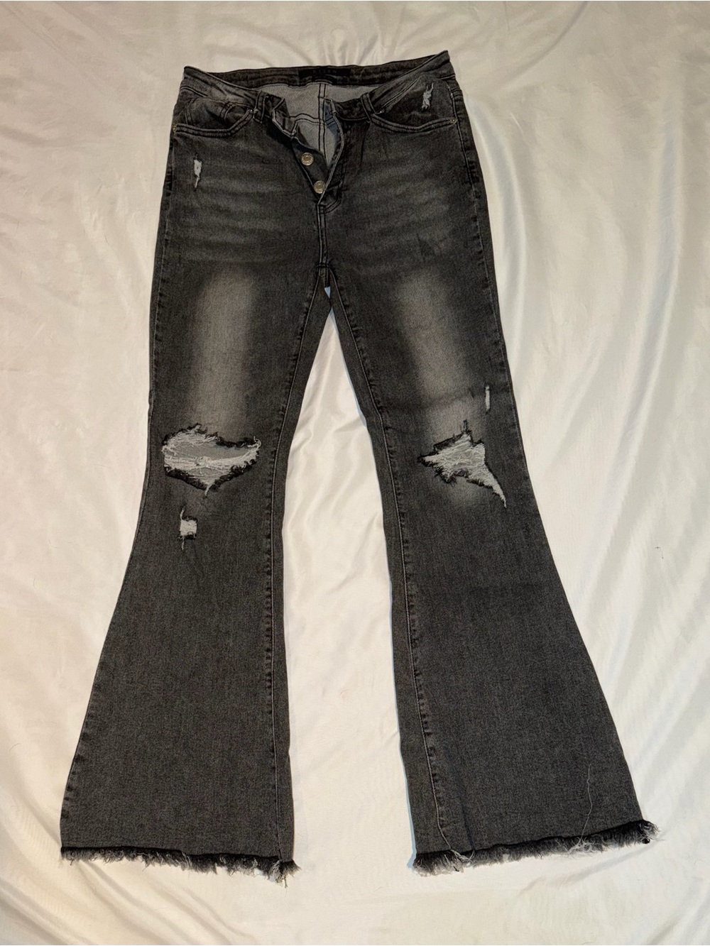 Distressed Black Flare Jeans with Frayed Hem
